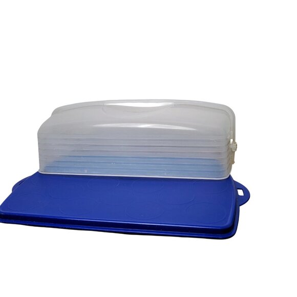 Tupperware Rectangle Bake N Take Cake Cupcake Taker Carrier Blue Clear - Picture 2 of 4